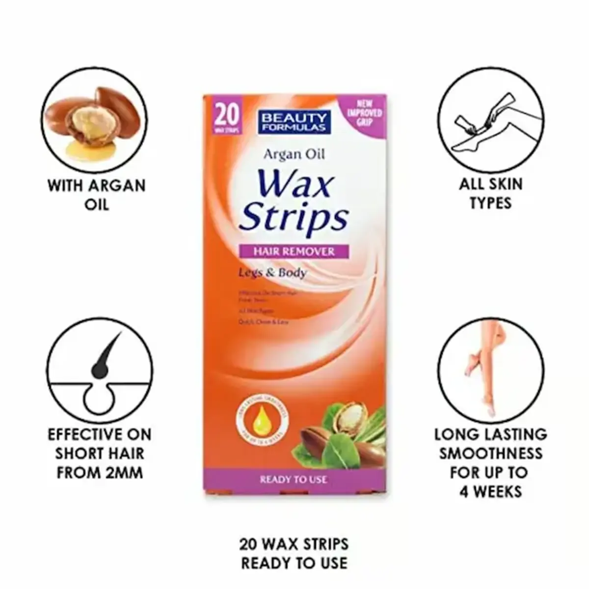 Beauty Formulas Argan Oil Wax Strips Hair Remover Legs & Body 20 Strips - Image 3